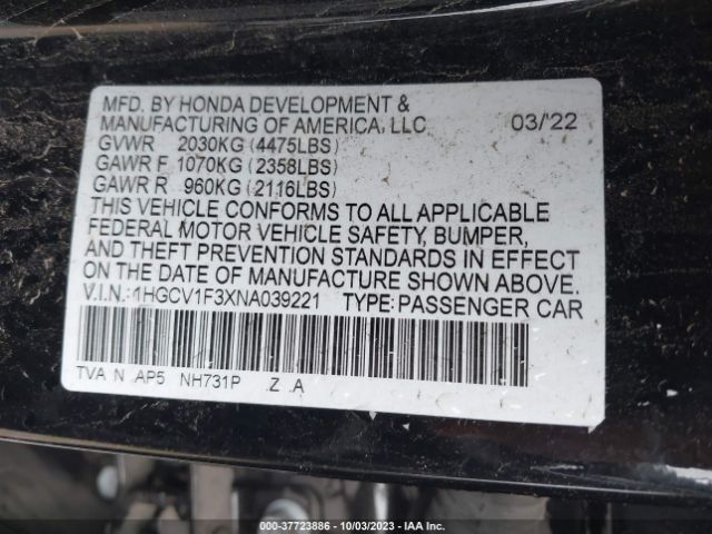 1HGCV1F3XNA039221 Honda Accord Sedan Sport