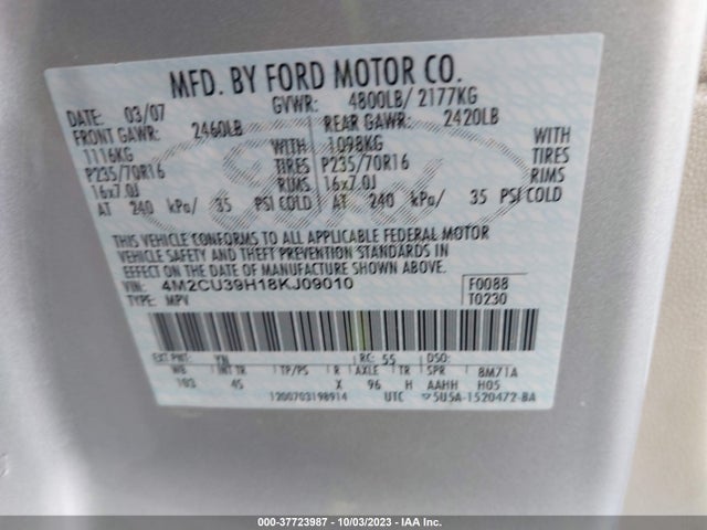 2008 MERCURY MARINER VIN: 4M2CU39H18KJ09010