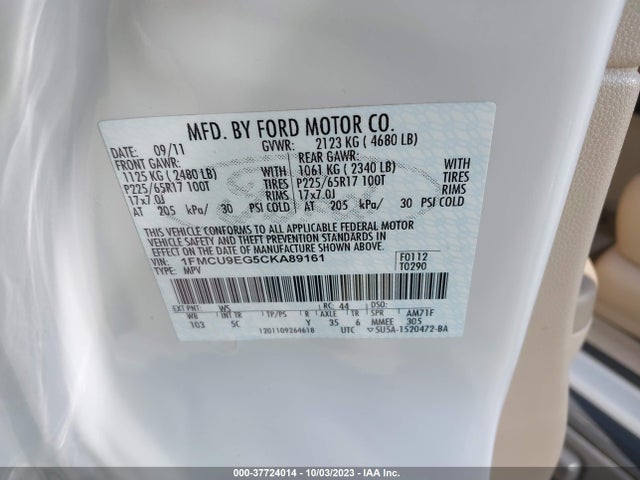 2012 FORD ESCAPE LIMITED VIN: 1FMCU9EG5CKA89161