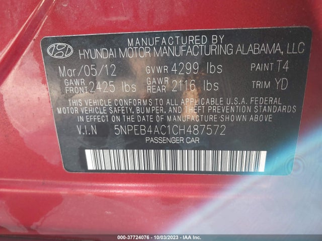 2012 HYUNDAI SONATA GLS PZEV VIN: 5NPEB4AC1CH487572