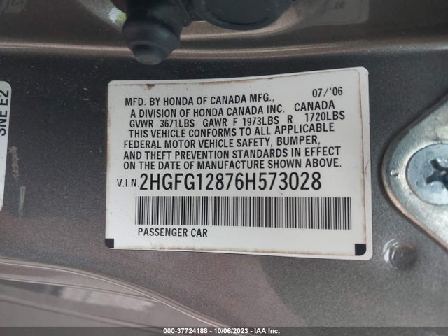 2006 HONDA CIVIC CPE EX VIN: 2HGFG12876H573028