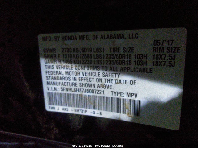 Honda Odyssey Touring 2018 5FNRL6H87JB007221 Image 9