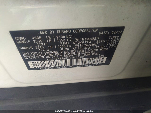 2017 SUBARU OUTBACK PREMIUM VIN: 4S4BSAHC0H3400539