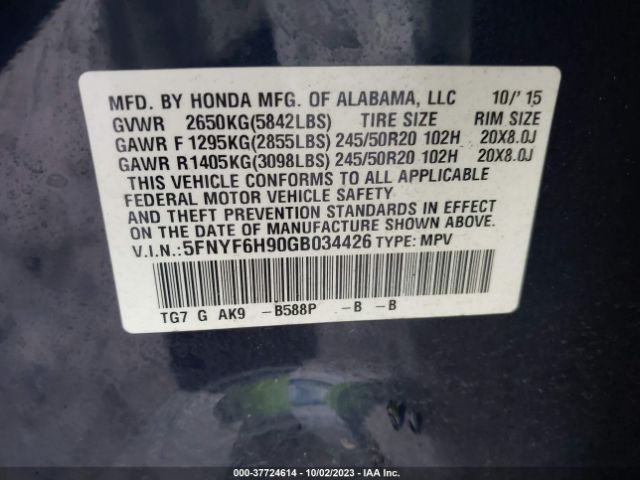 5FNYF6H90GB034426 Honda Pilot Touring