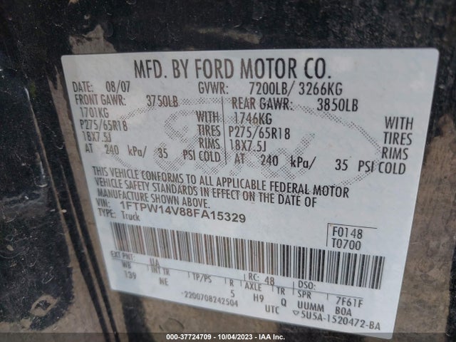 2008 FORD F-150 XLT/FX4/LARIAT VIN: 1FTPW14V88FA15329