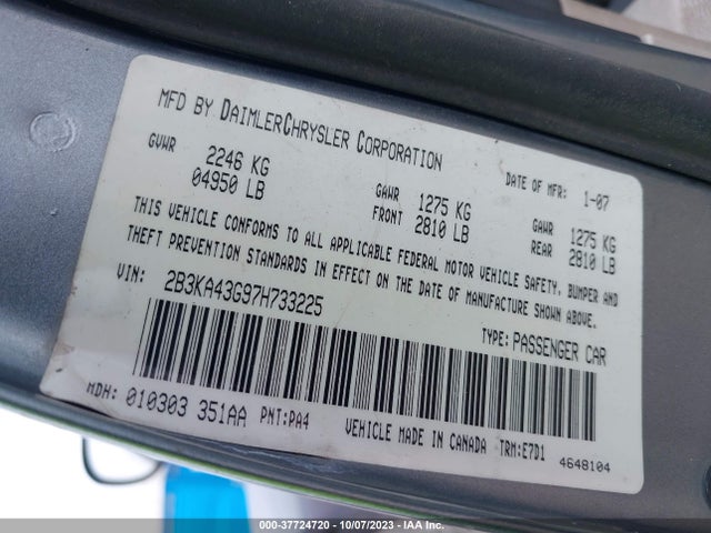 2007 DODGE CHARGER VIN: 2B3KA43G97H733225