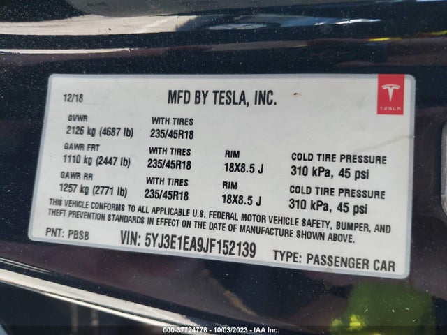 Tesla Model 3 Range Battery 2018 5YJ3E1EA9JF152139 Image 9