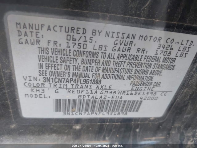 Nissan Versa S Plus 2015 3N1CN7AP4FL951898 Image 9