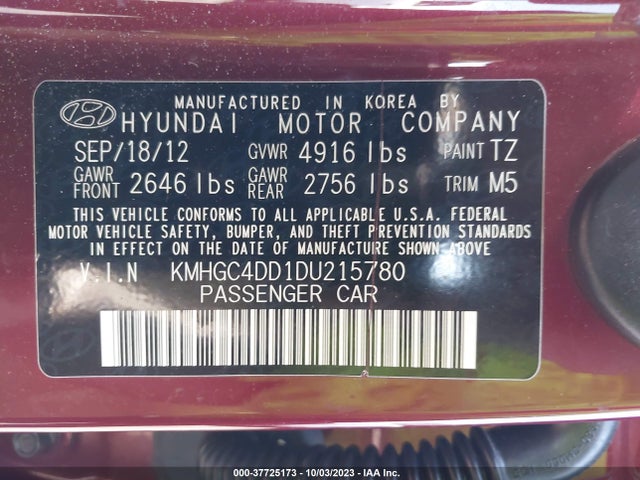 2013 HYUNDAI GENESIS 3.8L VIN: KMHGC4DD1DU215780