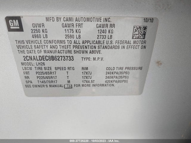 2011 CHEVROLET EQUINOX LT W/1LT VIN: 2CNALDEC8B6273733