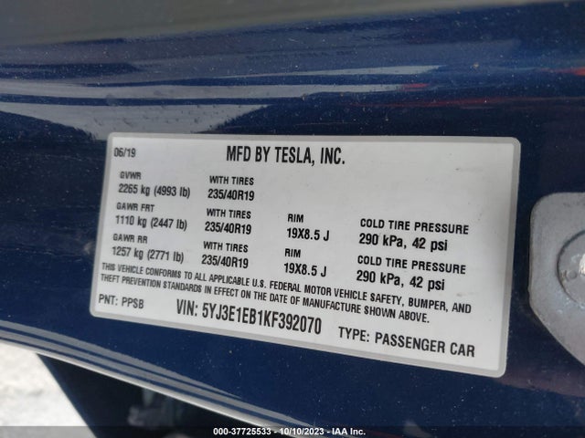 Tesla Model 3 Long Range/performance 2019 5YJ3E1EB1KF392070 Image 9