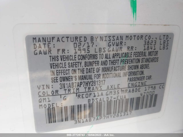 Продаж на аукціоні авто 2017 Nissan Sentra Sv, vin: 3N1AB7AP7HY281317, номер лоту: 37725743