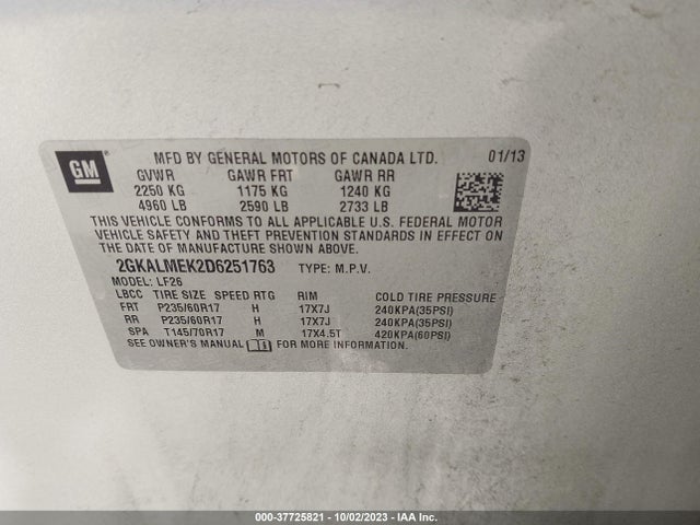 2013 GMC TERRAIN SLE VIN: 2GKALMEK2D6251763