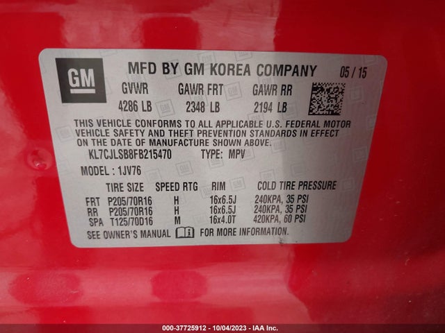 Chevrolet Trax Lt 2015 KL7CJLSB8FB215470 Image 9