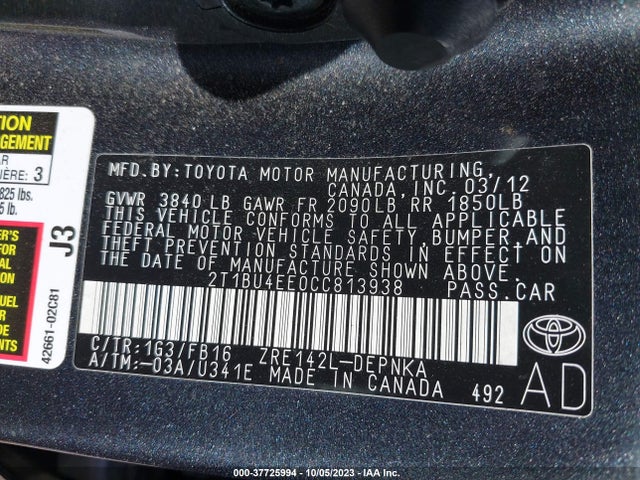 2012 TOYOTA COROLLA L/LE/S VIN: 2T1BU4EE0CC813938