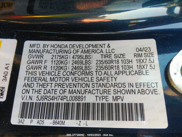 2023 HONDA CR-V EX-L AWD VIN: 5J6RS4H74PL008891