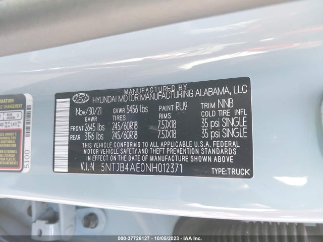 2022 HYUNDAI SANTA CRUZ SEL VIN: 5NTJB4AE0NH012371