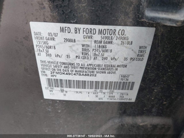 2007 FORD EDGE SEL PLUS VIN: 2FMDK49C47BA88202