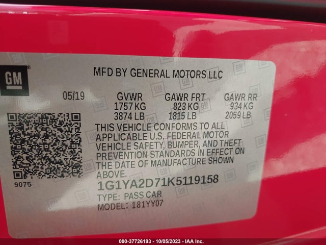 Chevrolet Corvette 1lt 2019 1G1YA2D71K5119158 Image 9