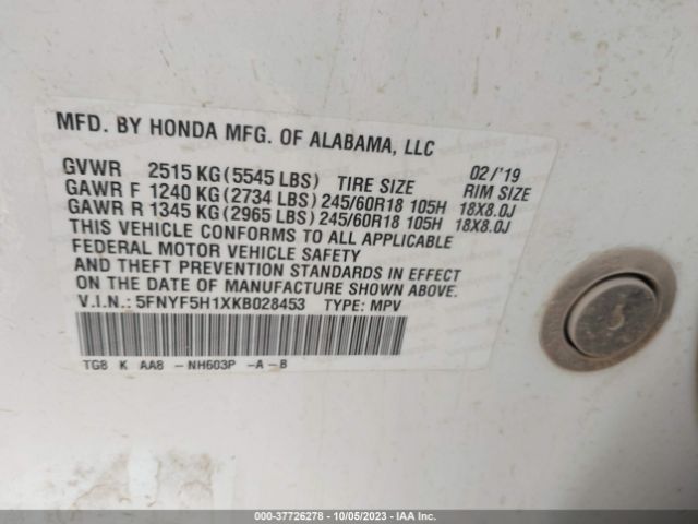 5FNYF5H1XKB028453 Honda PILOT LX