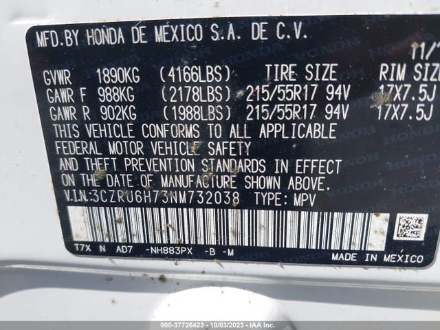 Honda Hr-v Ex-l 2022 3CZRU6H73NM732038 Image 9