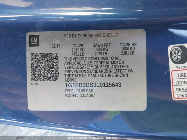 Chevrolet Camaro 1lt 2020 1G1FB3DS3L0115643 Image 9