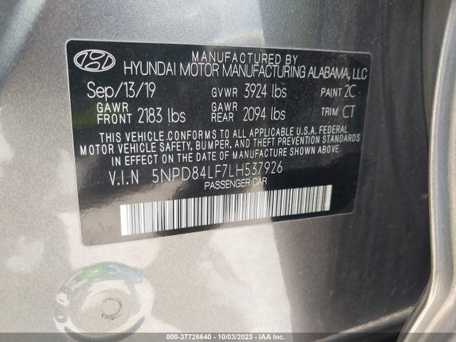 2020 HYUNDAI ELANTRA SEL VIN: 5NPD84LF7LH537926
