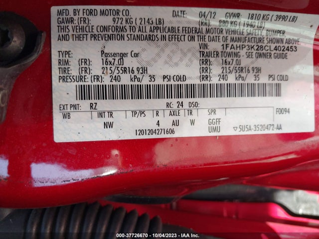 2012 FORD FOCUS SE VIN: 1FAHP3K28CL402453