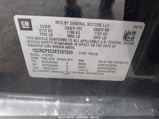 2015 CHEVROLET SILVERADO 1500 WORK TRUCK VIN: 1GCRCPEC5FZ297930