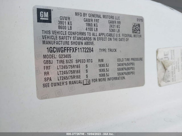2015 CHEVROLET EXPRESS CARGO VAN VIN: 1GCWGFFFXF1172284