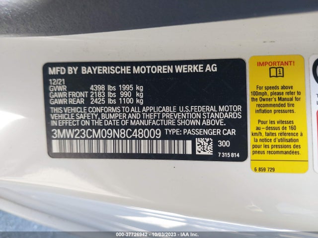 BMW 2 Series 230i 2022 3MW23CM09N8C48009 Image 9