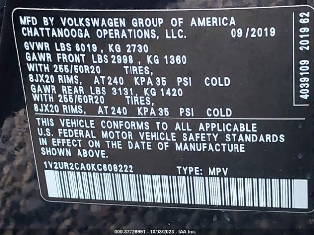 1V2UR2CA0KC608222 Volkswagen Atlas 3.6l V6 Se W/technology