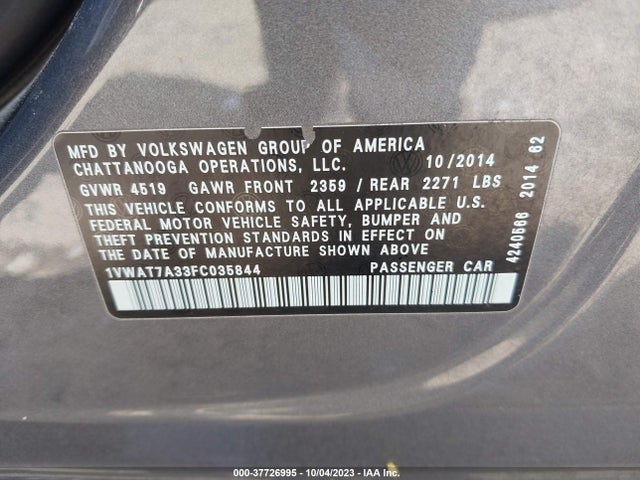 1VWAT7A33FC035844 Volkswagen Passat 1.8t S