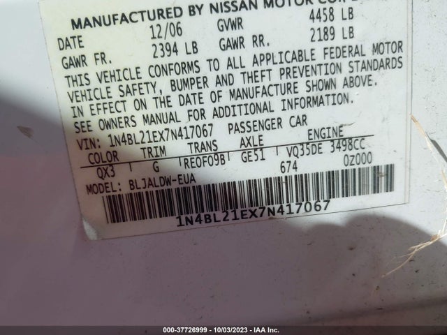 2007 NISSAN ALTIMA 3.5 SE VIN: 1N4BL21EX7N417067