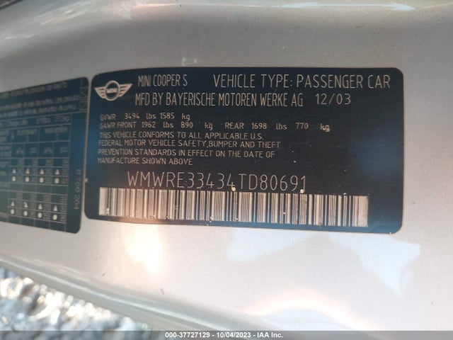 2004 MINI COOPER S WMWRE33434TD80691 Photo 8