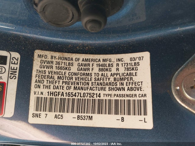 2007 HONDA CIVIC SDN LX VIN: 1HGFA16547L075214