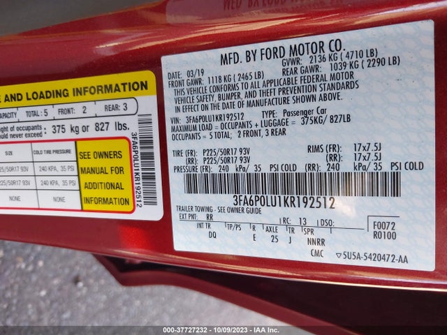 2019 FORD FUSION HYBRID SE VIN: 3FA6P0LU1KR192512