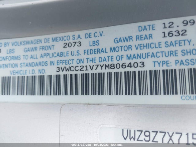 2000 VOLKSWAGEN CABRIO GL VIN: 3VWCC21V7YM806403