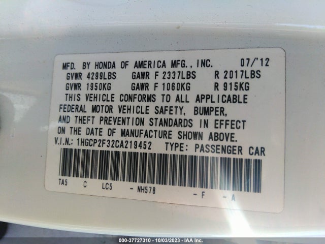 2012 HONDA ACCORD SDN LX VIN: 1HGCP2F32CA219452