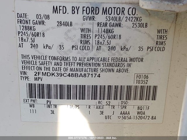 2008 FORD EDGE LIMITED VIN: 2FMDK39C48BA87174