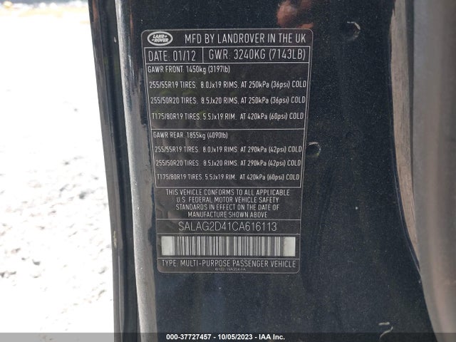 2012 LAND ROVER LR4 HSE VIN: SALAG2D41CA616113