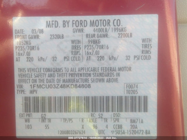 2008 FORD ESCAPE XLT VIN: 1FMCU03Z48KD84808