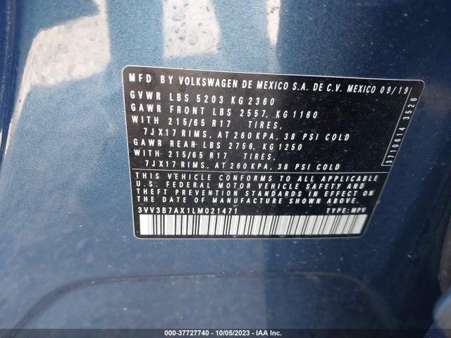 3VV3B7AX1LM021471 Volkswagen Tiguan Se/sel/se R-line Black