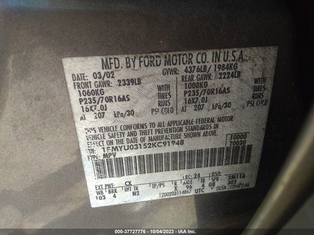 2002 FORD ESCAPE XLT VIN: 1FMYU03152KC91948