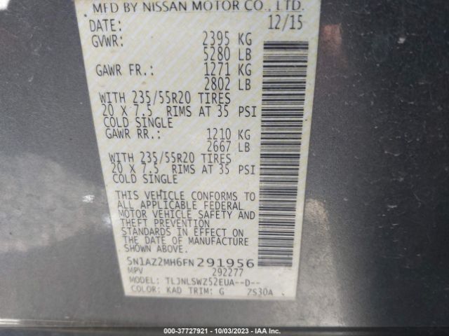 5N1AZ2MH6FN291956 Nissan Murano Platinum