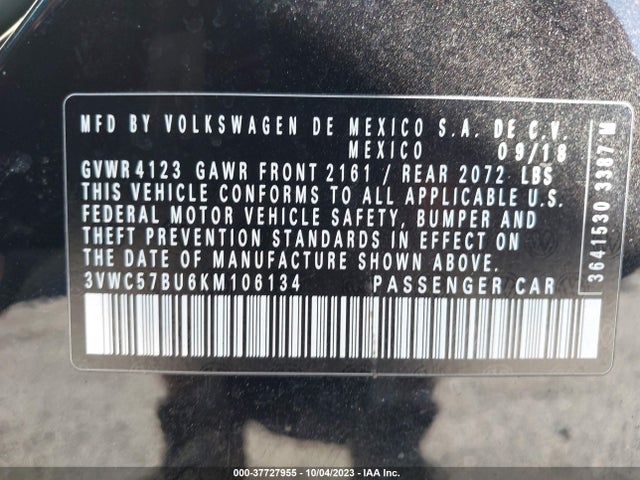 2019 VOLKSWAGEN JETTA 1.4T R-LINE/1.4T S/1.4T SE VIN: 3VWC57BU6KM106134