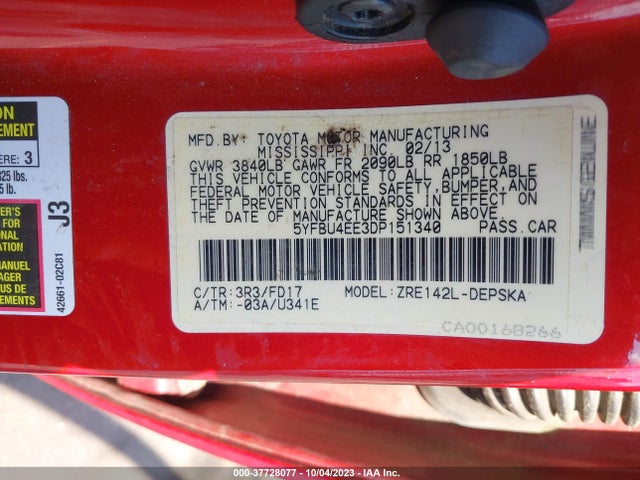 2013 TOYOTA COROLLA L/LE/S VIN: 5YFBU4EE3DP151340
