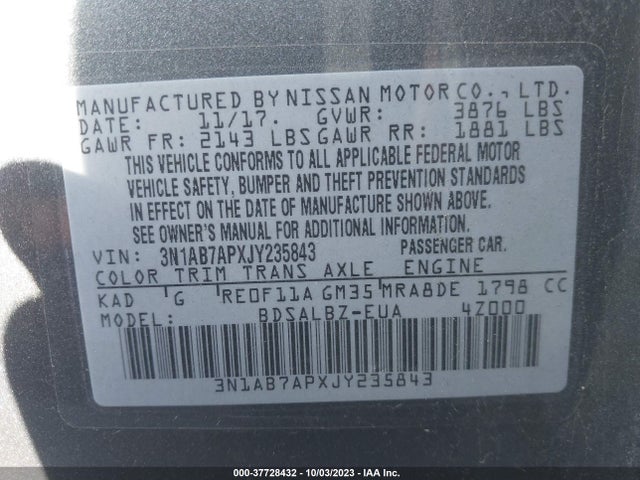 2018 NISSAN SENTRA S VIN: 3N1AB7APXJY235843