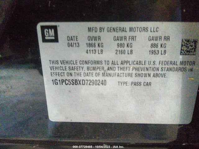 2013 CHEVROLET CRUZE 1LT VIN: 1G1PC5SBXD7290240