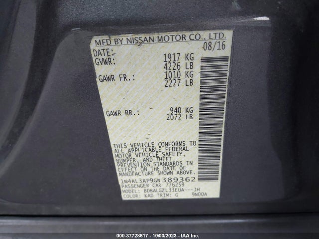 2016 NISSAN ALTIMA 2.5 S VIN: 1N4AL3AP9GN389362